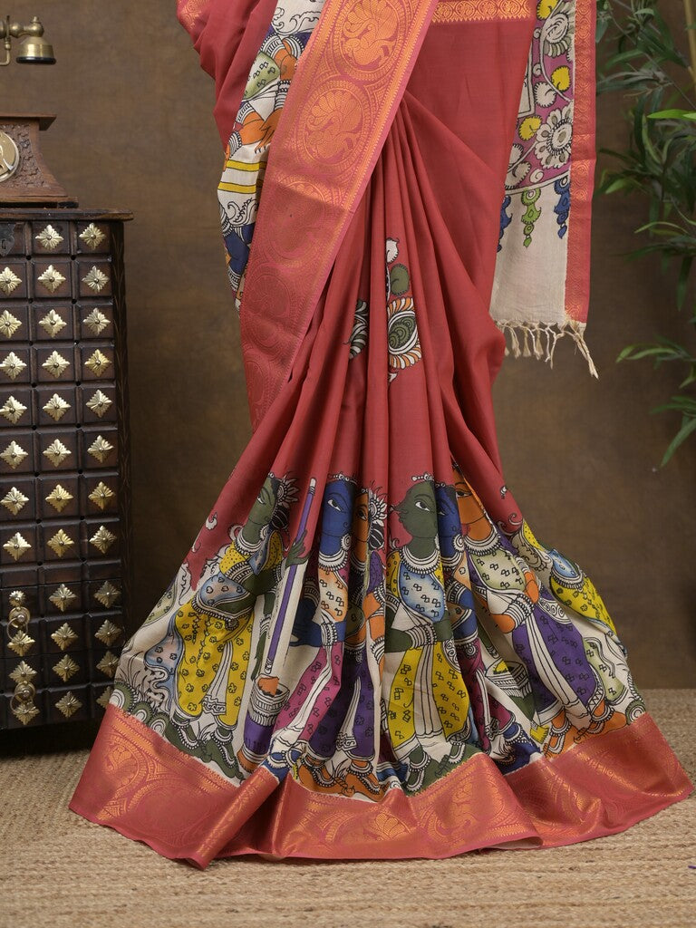 Pen kalamkari pattu maroon color floral painted saree with contrast zari border and printed pallu & attached blouse