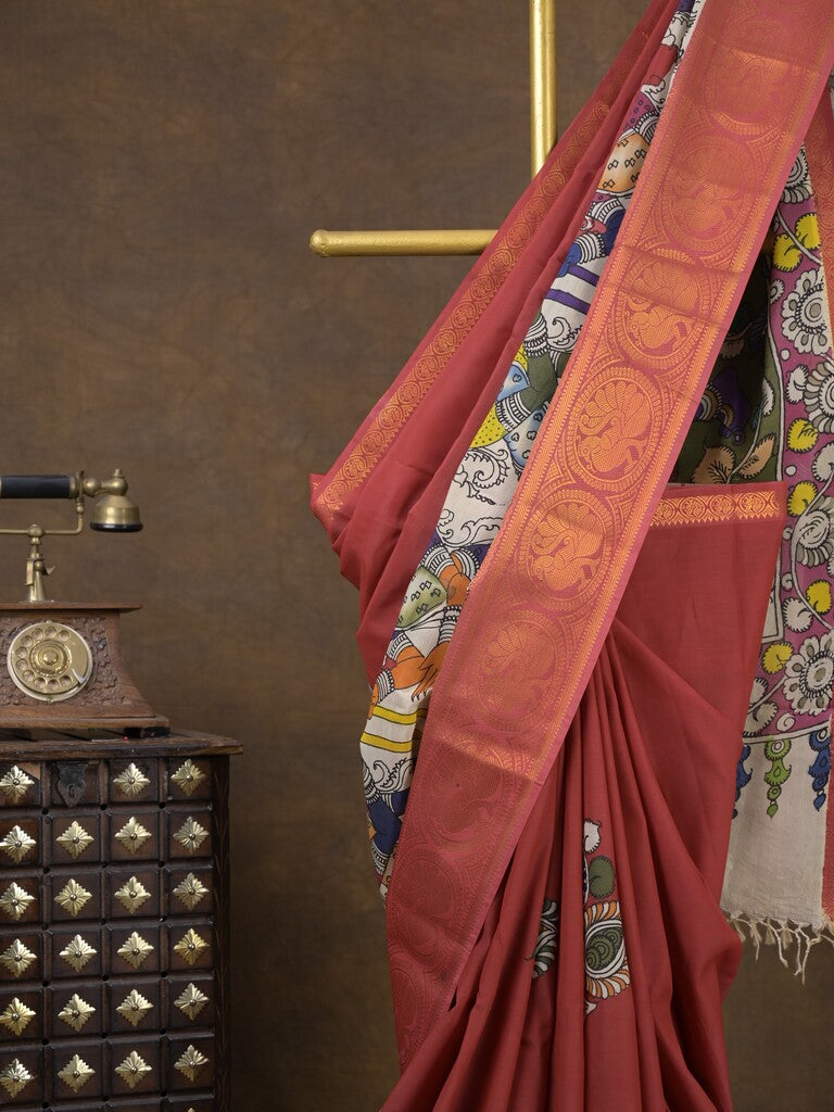 Pen kalamkari pattu maroon color floral painted saree with contrast zari border and printed pallu & attached blouse