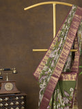 Pen kalamkari pattu olive green color floral painted saree with contrast zari border and printed pallu & attached blouse
