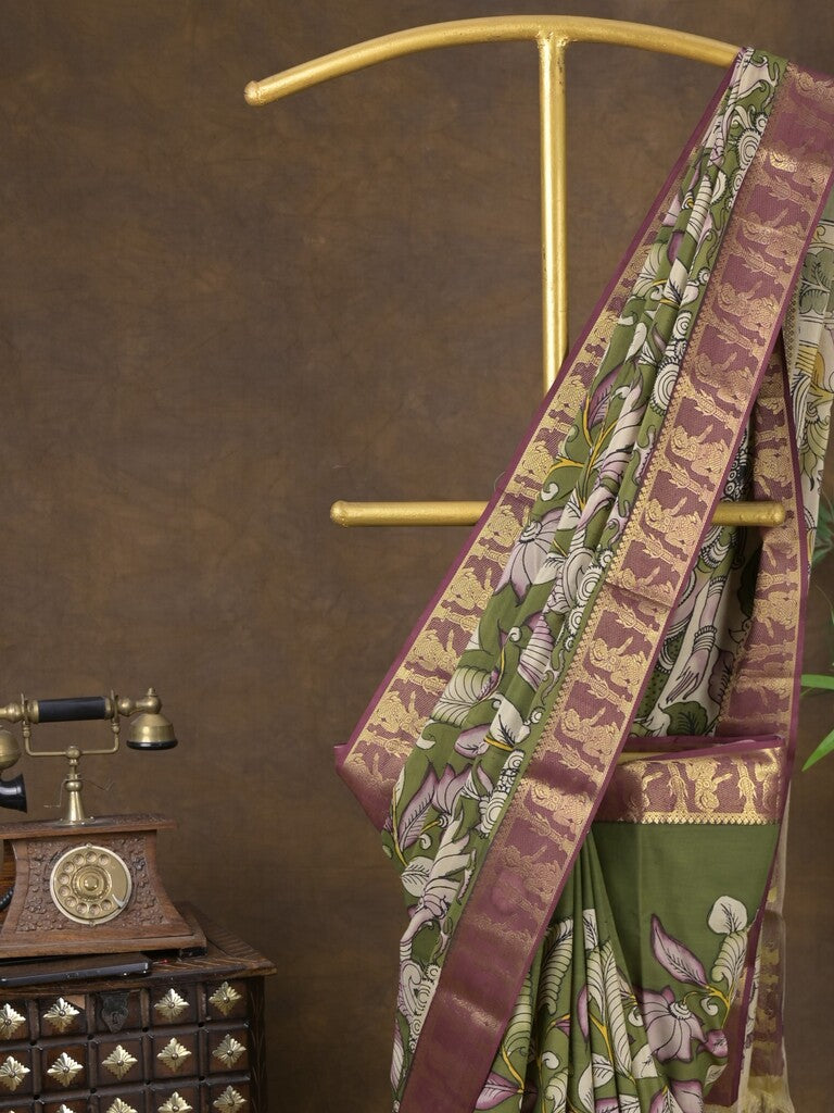 Pen kalamkari pattu olive green color floral painted saree with contrast zari border and printed pallu & attached blouse