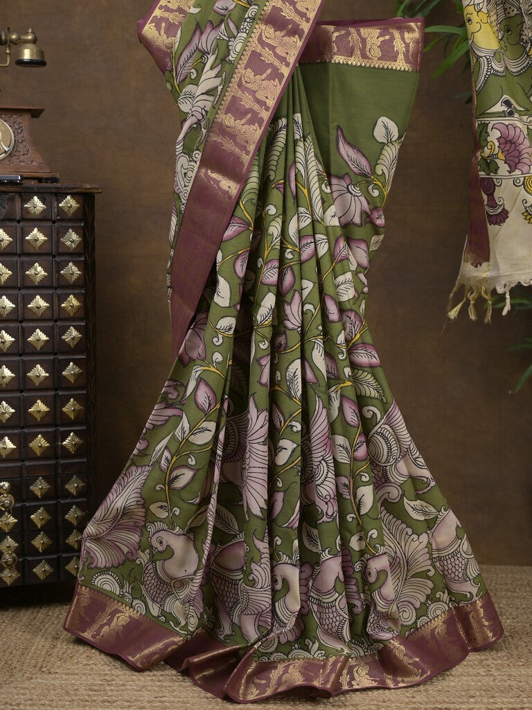 Pen kalamkari pattu olive green color floral painted saree with contrast zari border and printed pallu & attached blouse