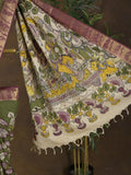 Pen kalamkari pattu olive green color floral painted saree with contrast zari border and printed pallu & attached blouse