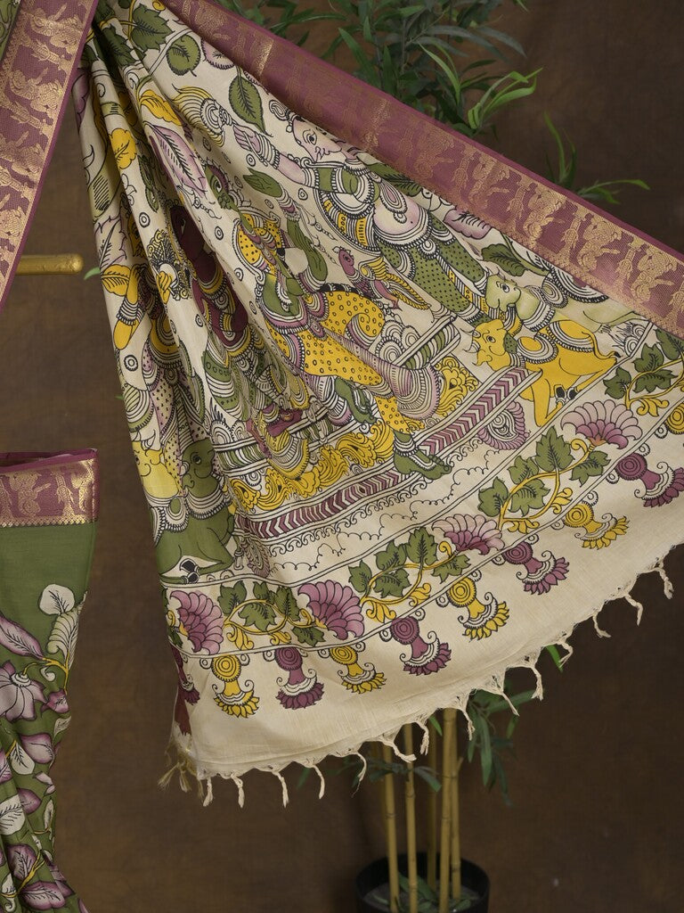 Pen kalamkari pattu olive green color floral painted saree with contrast zari border and printed pallu & attached blouse