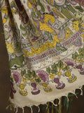 Pen kalamkari pattu olive green color floral painted saree with contrast zari border and printed pallu & attached blouse