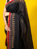 Black color mul cotton one minute saree with allover prints & contrast border and attached printed blouse