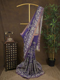 Pen kalamkari pattu royal blue color floral painted saree with contrast zari border and printed pallu & attached blouse
