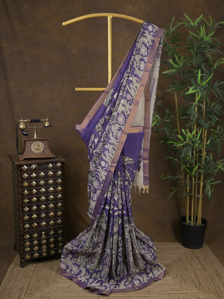 Pen kalamkari pattu royal blue color floral painted saree with contrast zari border and printed pallu & attached blouse