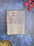 Jute tissue fancy saree grey color allover prints & zari border with short pallu and plain blouse