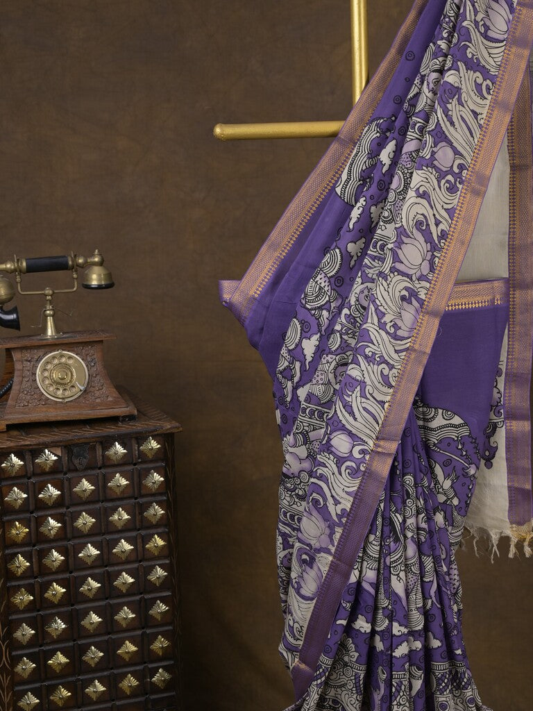 Pen kalamkari pattu royal blue color floral painted saree with contrast zari border and printed pallu & attached blouse