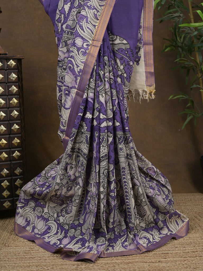 Pen kalamkari pattu royal blue color floral painted saree with contrast zari border and printed pallu & attached blouse