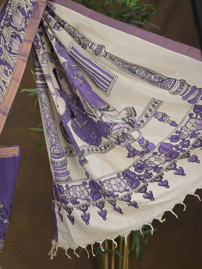 Pen kalamkari pattu royal blue color floral painted saree with contrast zari border and printed pallu & attached blouse