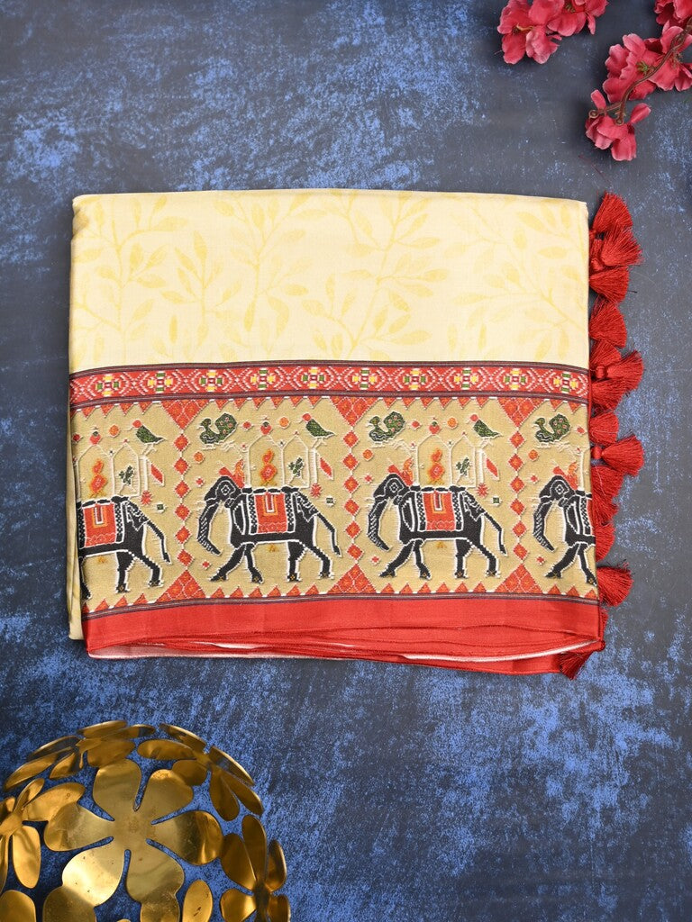 Mashroo silk fancy saree cream color allover prints & contrast border with short zari pallu and printed blouse