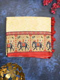 Mashroo silk fancy saree cream color allover prints & contrast border with short zari pallu and printed blouse