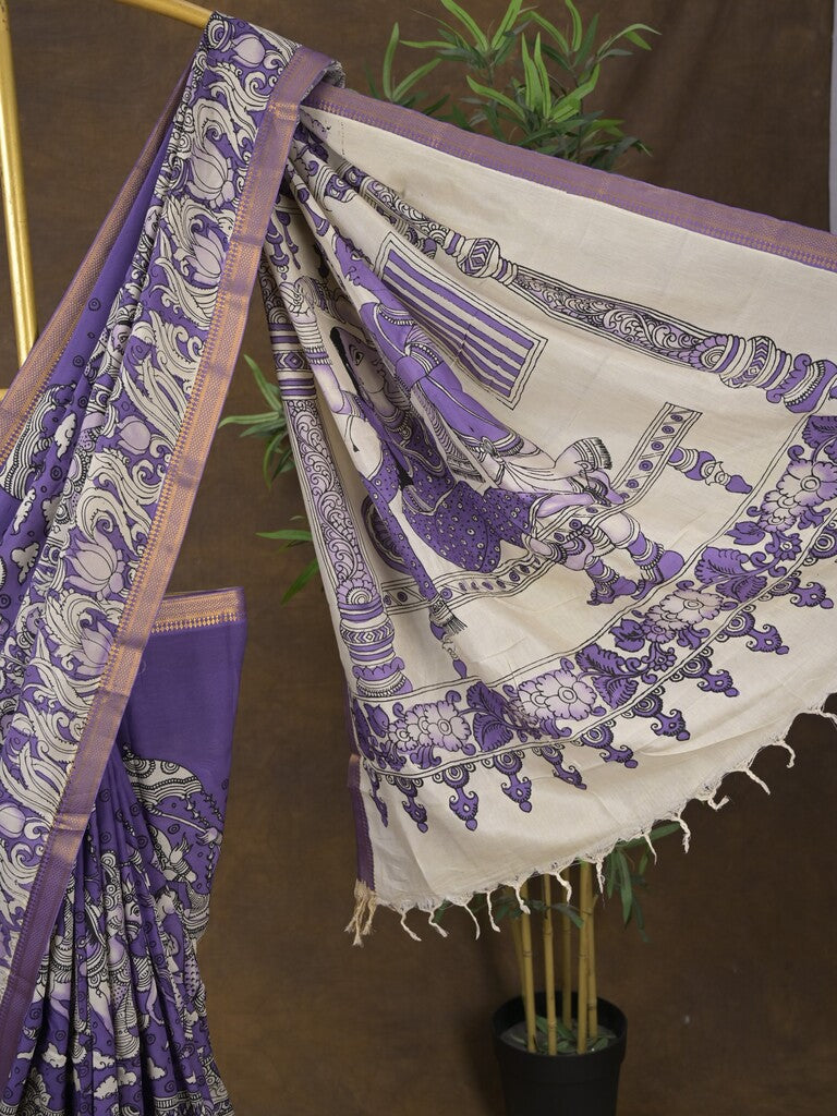 Pen kalamkari pattu royal blue color floral painted saree with contrast zari border and printed pallu & attached blouse