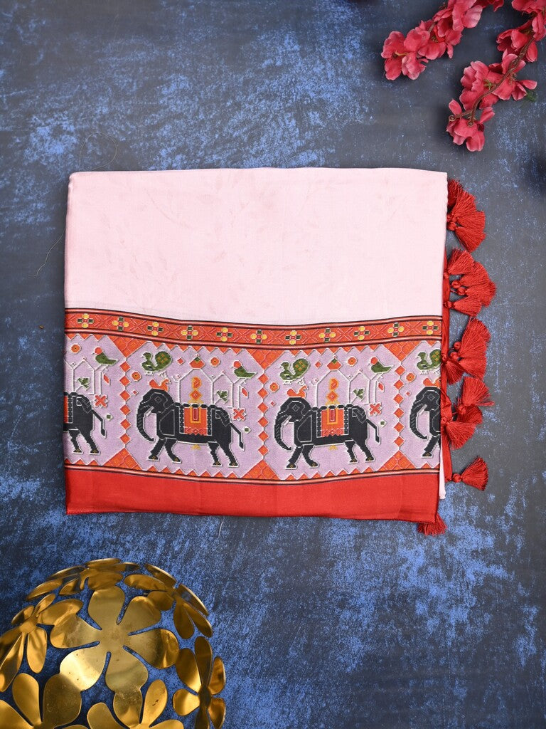 Mashroo silk fancy saree pastel pink color allover prints & contrast border with short zari pallu and printed blouse