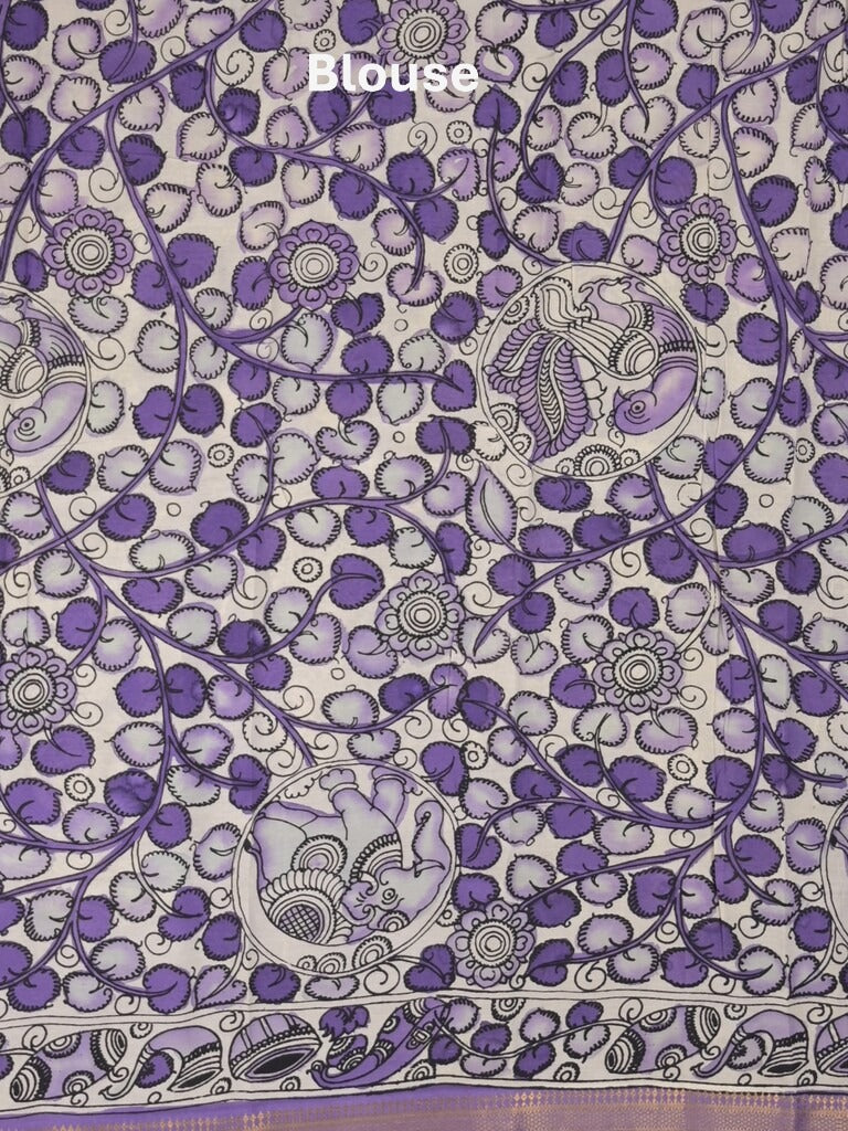 Pen kalamkari pattu royal blue color floral painted saree with contrast zari border and printed pallu & attached blouse