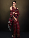 Maroon color mul cotton one minute saree with allover prints & contrast border and attached printed blouse