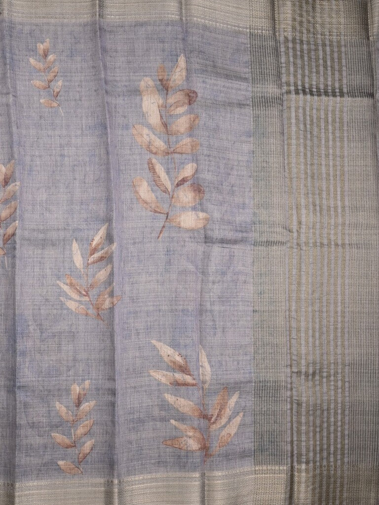 Jute tissue fancy saree grey color allover prints & zari border with short pallu and plain blouse