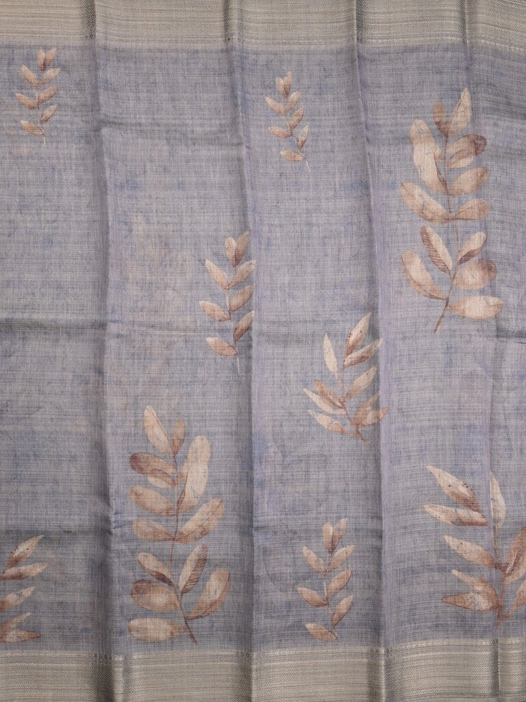 Jute tissue fancy saree grey color allover prints & zari border with short pallu and plain blouse