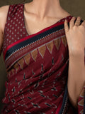 Maroon color mul cotton one minute saree with allover prints & contrast border and attached printed blouse