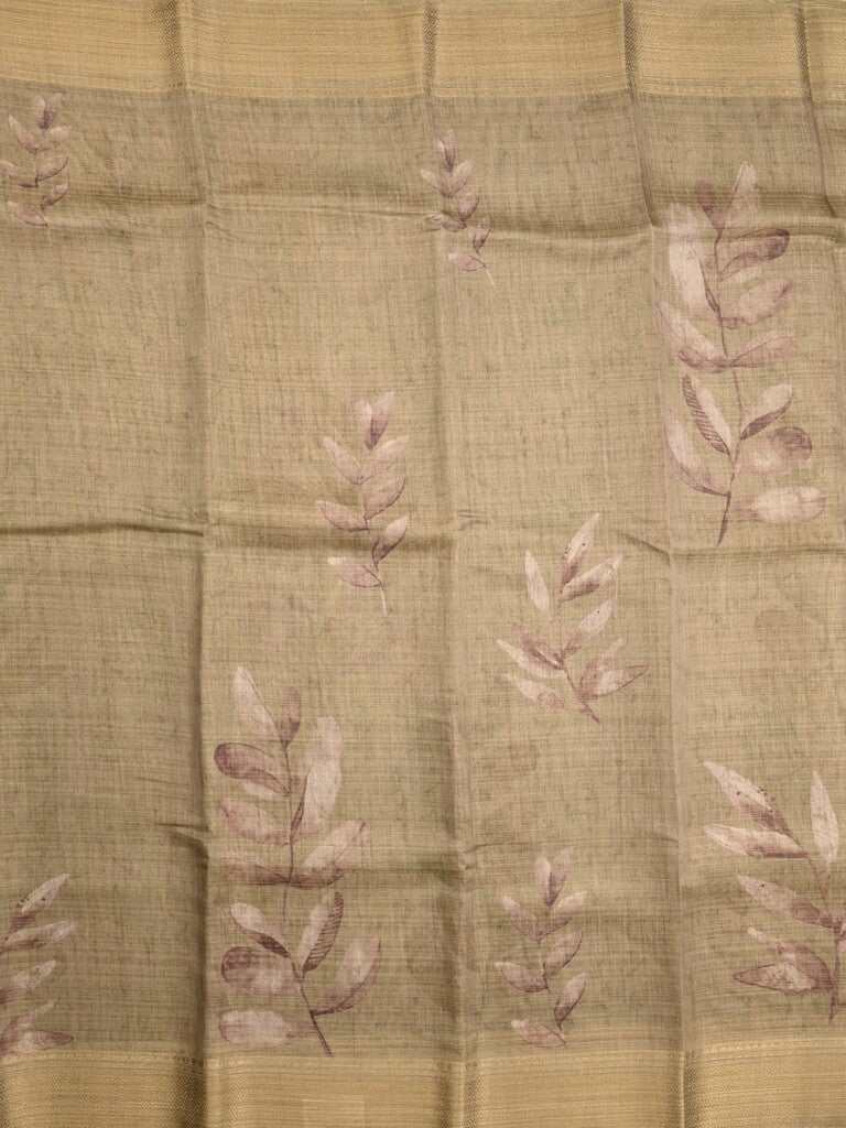 Jute tissue fancy saree snuff color allover prints & zari border with short pallu and plain blouse