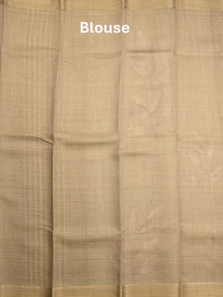 Jute tissue fancy saree snuff color allover prints & zari border with short pallu and plain blouse