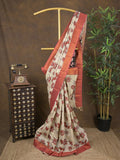 Pen kalamkari pattu cream color floral painted saree with contrast zari border and printed pallu & attached blouse