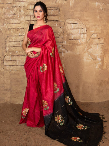 Red color Bhagalpur one minute fancy saree with allover prints and contrast pallu and blouse