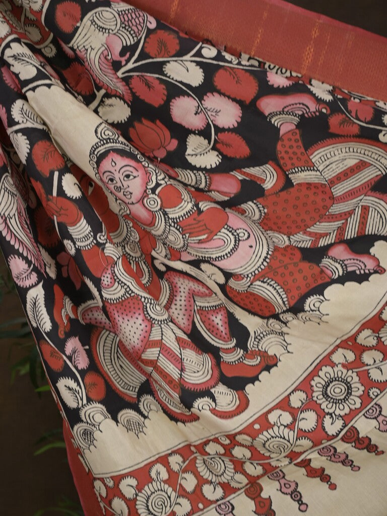 Pen kalamkari pattu cream color floral painted saree with contrast zari border and printed pallu & attached blouse