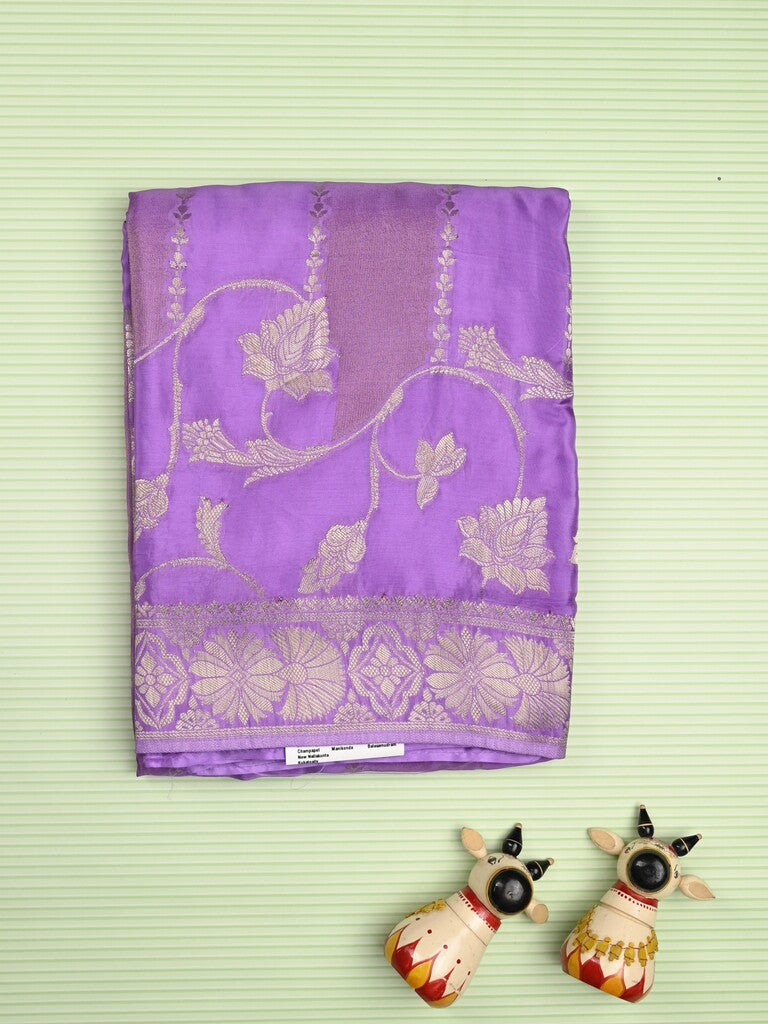 Tabby silk fancy saree purple color allover zari weaves & zari border with weaving pallu and plain blouse