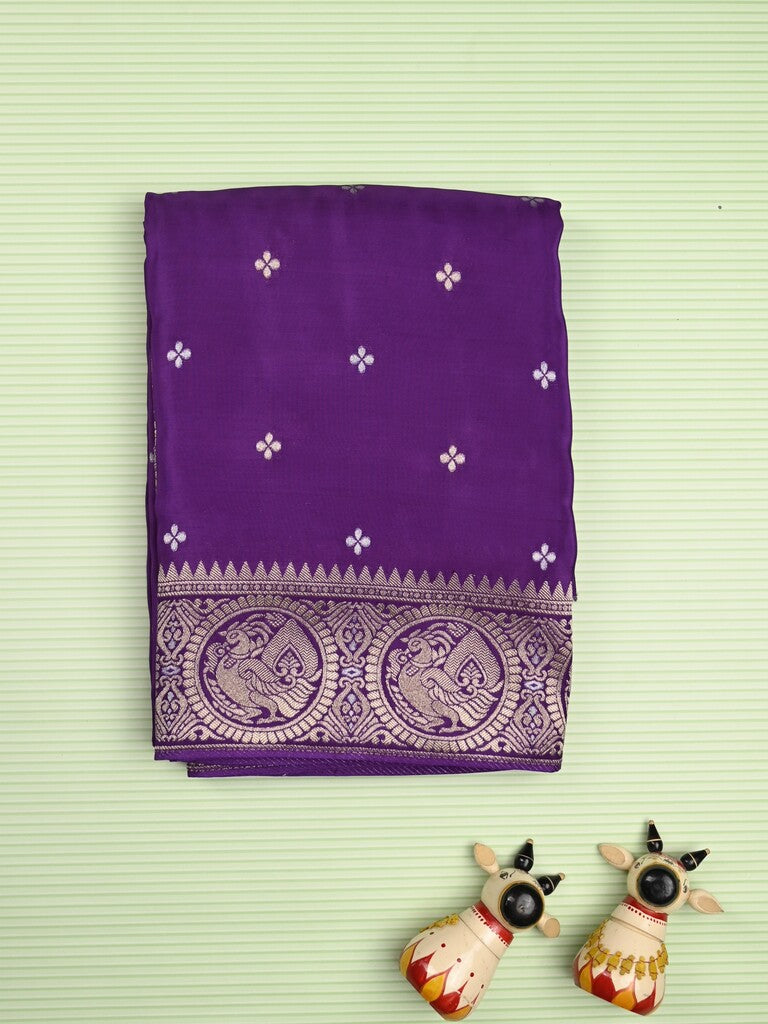 Tabby silk fancy saree violet color allover zari motifs & zari border with rich pallu and plain blouse