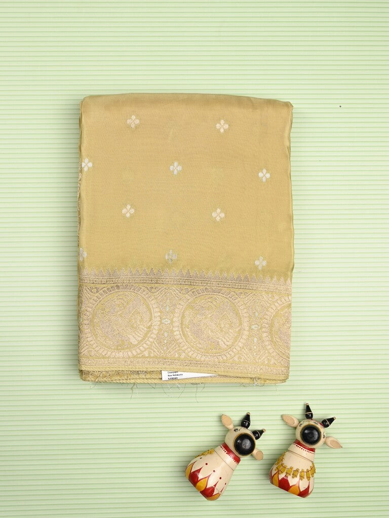 Tabby silk fancy saree beige color allover zari motifs & zari border with rich pallu and plain blouse