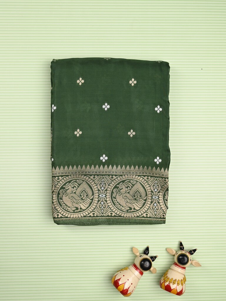 Tabby silk fancy saree bottle green color allover zari motifs & zari border with rich pallu and plain blouse
