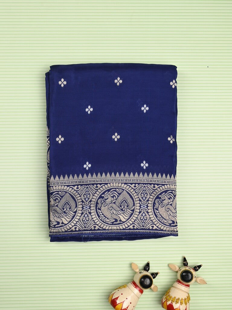 Tabby silk fancy saree royal blue color allover zari motifs & zari border with rich pallu and plain blouse