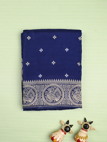 Tabby silk fancy saree royal blue color allover zari motifs & zari border with rich pallu and plain blouse