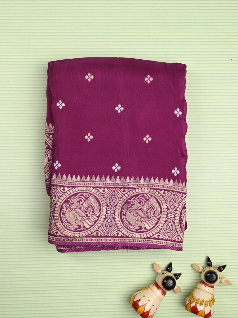 Tabby silk fancy saree magenta color allover zari motifs & zari border with rich pallu and plain blouse