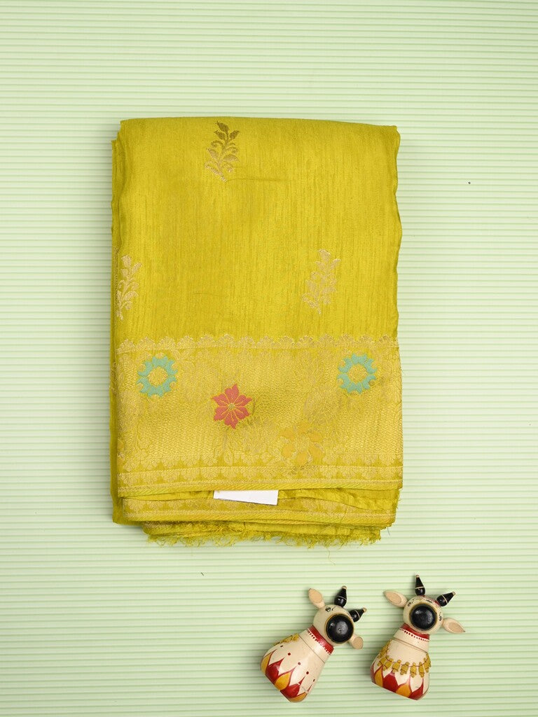 Jute matka fancy saree bright yellow color allover zari weaves & zari border with weaving pallu and plain blouse