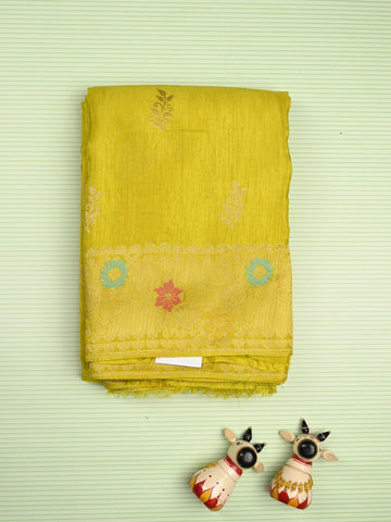 Jute matka fancy saree bright yellow color allover zari weaves & zari border with weaving pallu and plain blouse