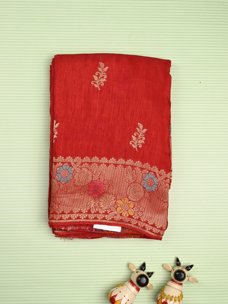 Jute matka fancy saree red color allover zari weaves & zari border with weaving pallu and plain blouse