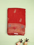 Jute matka fancy saree red color allover zari weaves & zari border with weaving pallu and plain blouse