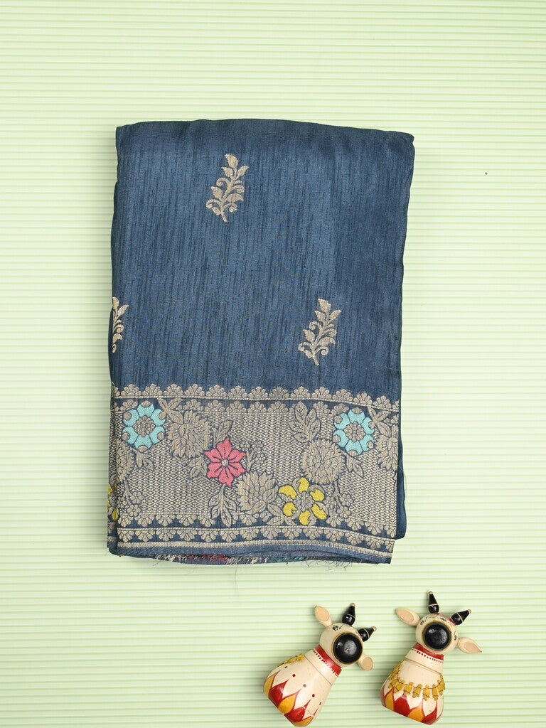 Jute matka fancy saree peacock blue color allover zari weaves & zari border with weaving pallu and plain blouse