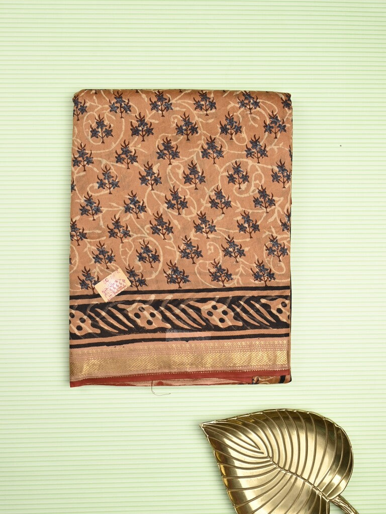 Maheshwari fancy saree light brown color allover prints & zari border with printed pallu and printed blouse