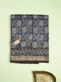 Maheshwari fancy saree navy blue color allover prints & zari border with printed pallu and printed blouse