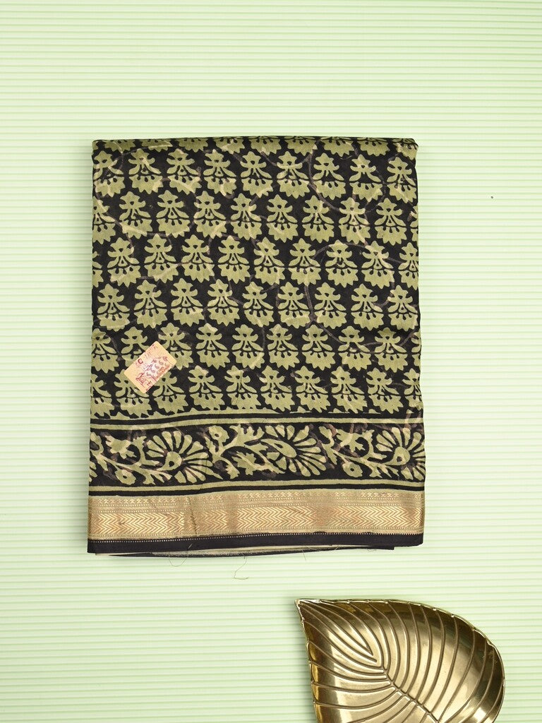 Maheshwari fancy saree black color allover prints & zari border with printed pallu and printed blouse