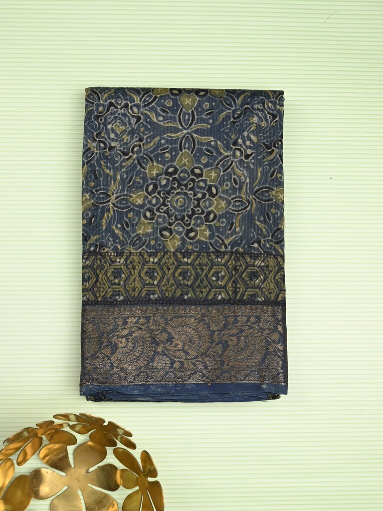 Maheshwari fancy saree navy blue color allover prints & zari border with printed pallu and printed blouse