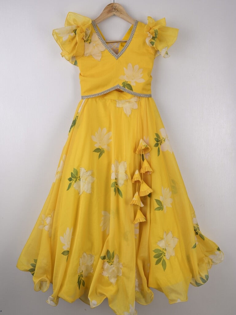 Organza yellow color floral printed lehenga