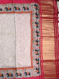 Mashroo silk fancy saree light grey color allover prints & contrast border with short zari pallu and printed blouse