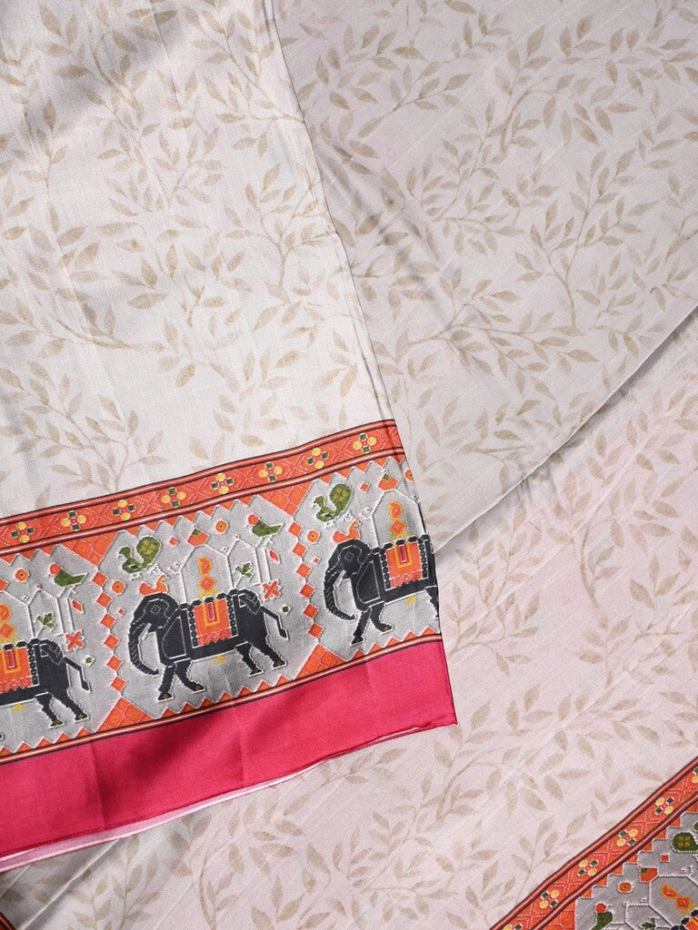 Mashroo silk fancy saree light grey color allover prints & contrast border with short zari pallu and printed blouse