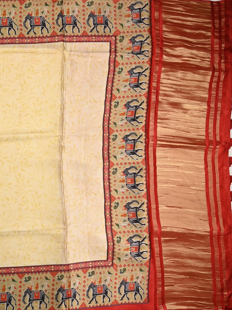 Mashroo silk fancy saree cream color allover prints & contrast border with short zari pallu and printed blouse