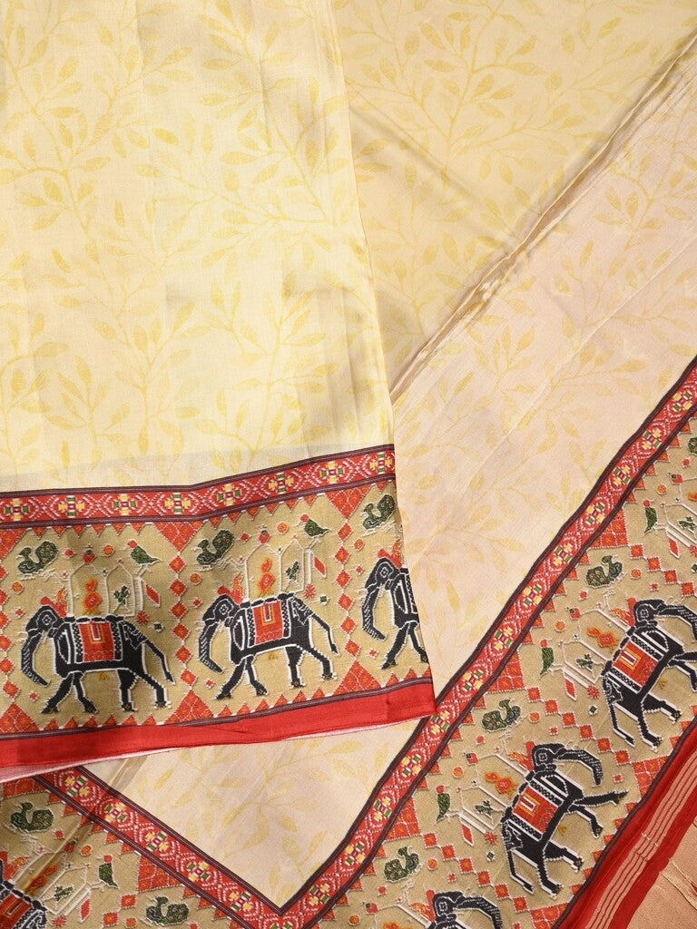Mashroo silk fancy saree cream color allover prints & contrast border with short zari pallu and printed blouse